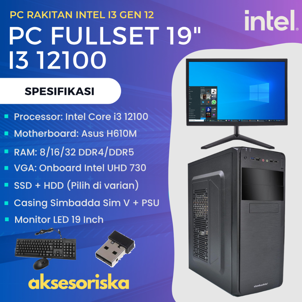 PAKET LENGKAP PC RAKITAN KOMPUTER KANTOR Intel Core i3 12100 MONITOR LED 19" PC Rakitan i3 Gen 12 Fu