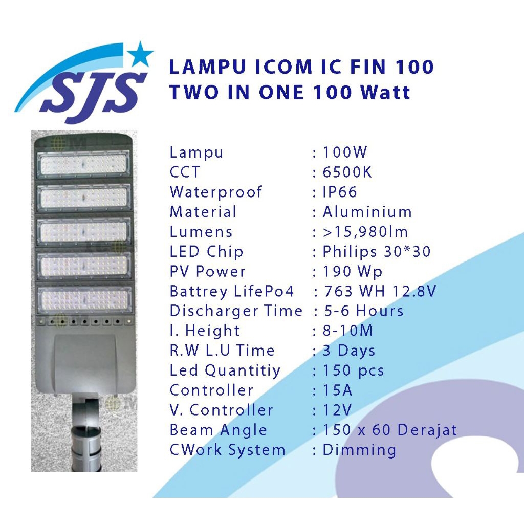 Lampu jalan Solar cell icom Ic Fin 100watt murni panel surya 190wp  terpisah