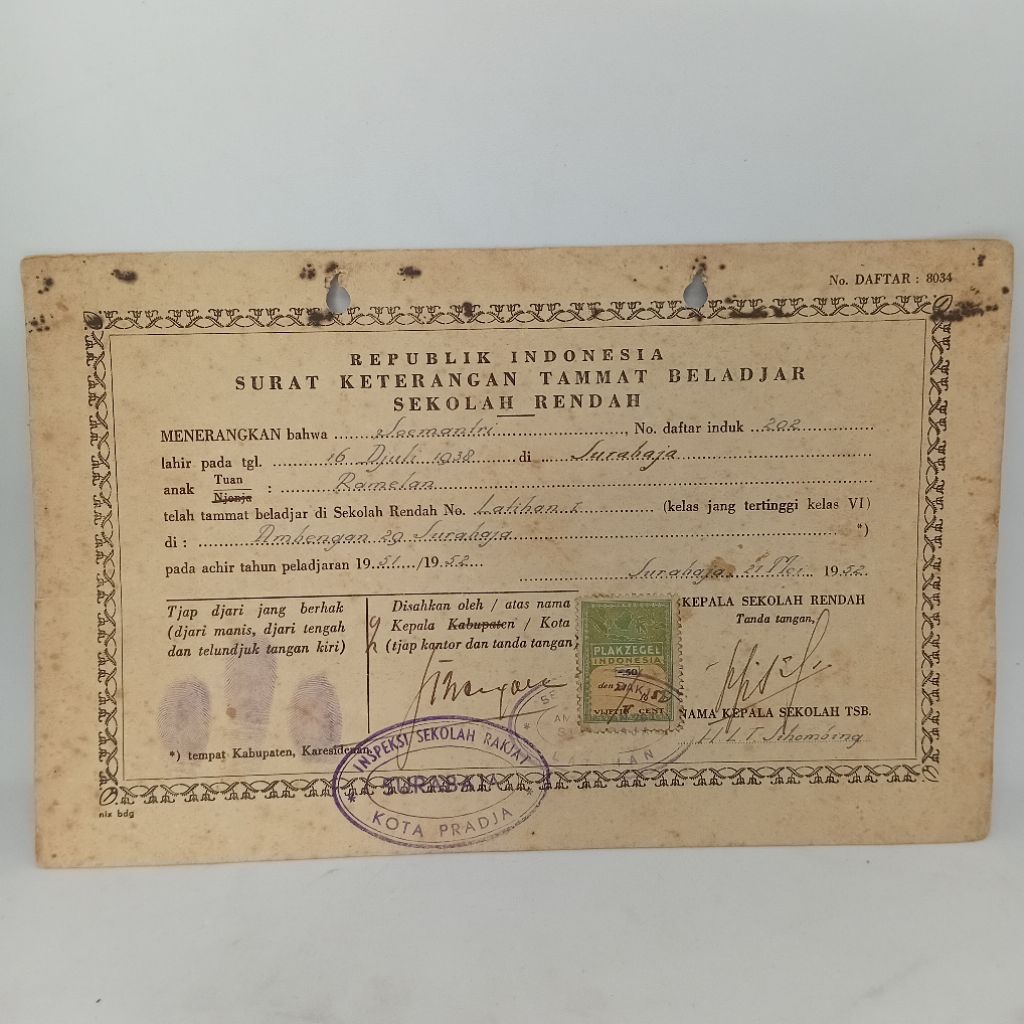 

Dokumen Asli Surat Keterangan Tammat Beladjar Sekolah Rendah 1952