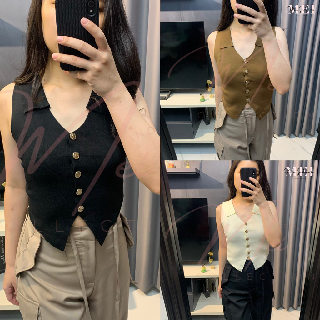 Mei 0066 Vest Rajut Knitted Wanita Putih Hitam Coklat Korean Style PREMIUM