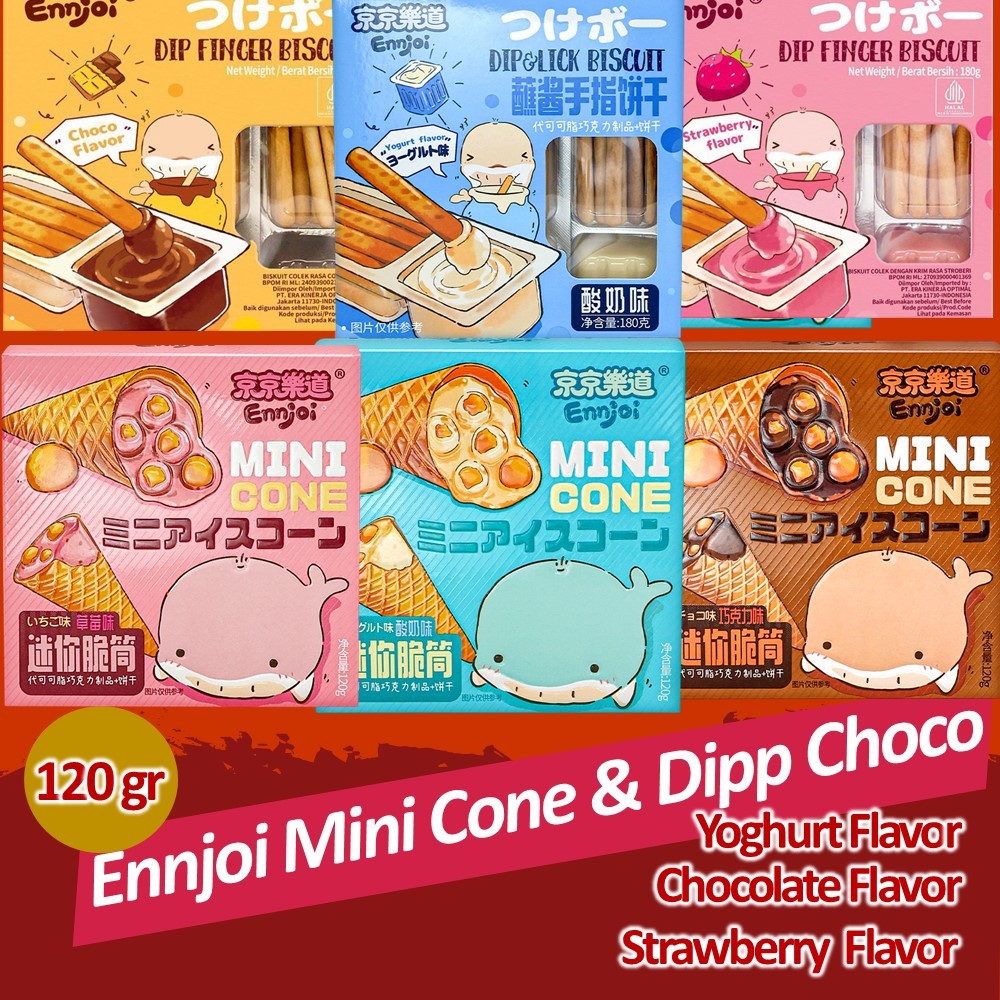 

Ennjoi Mini Cone Ice Cream With Biscuit and Dip Finger Biscuit Chocolate Strawberry and Yoghurt Flavor