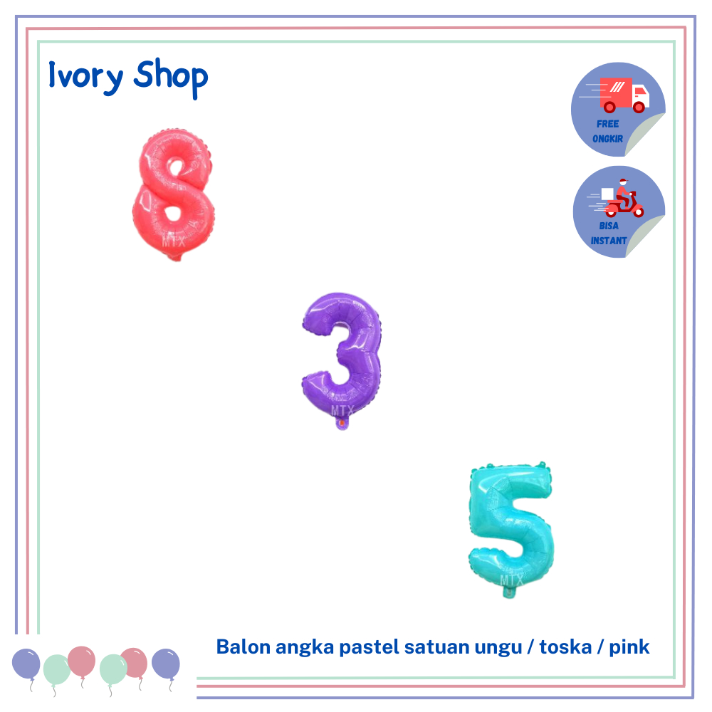 Balon angka pastel satuan ungu / toska / pink