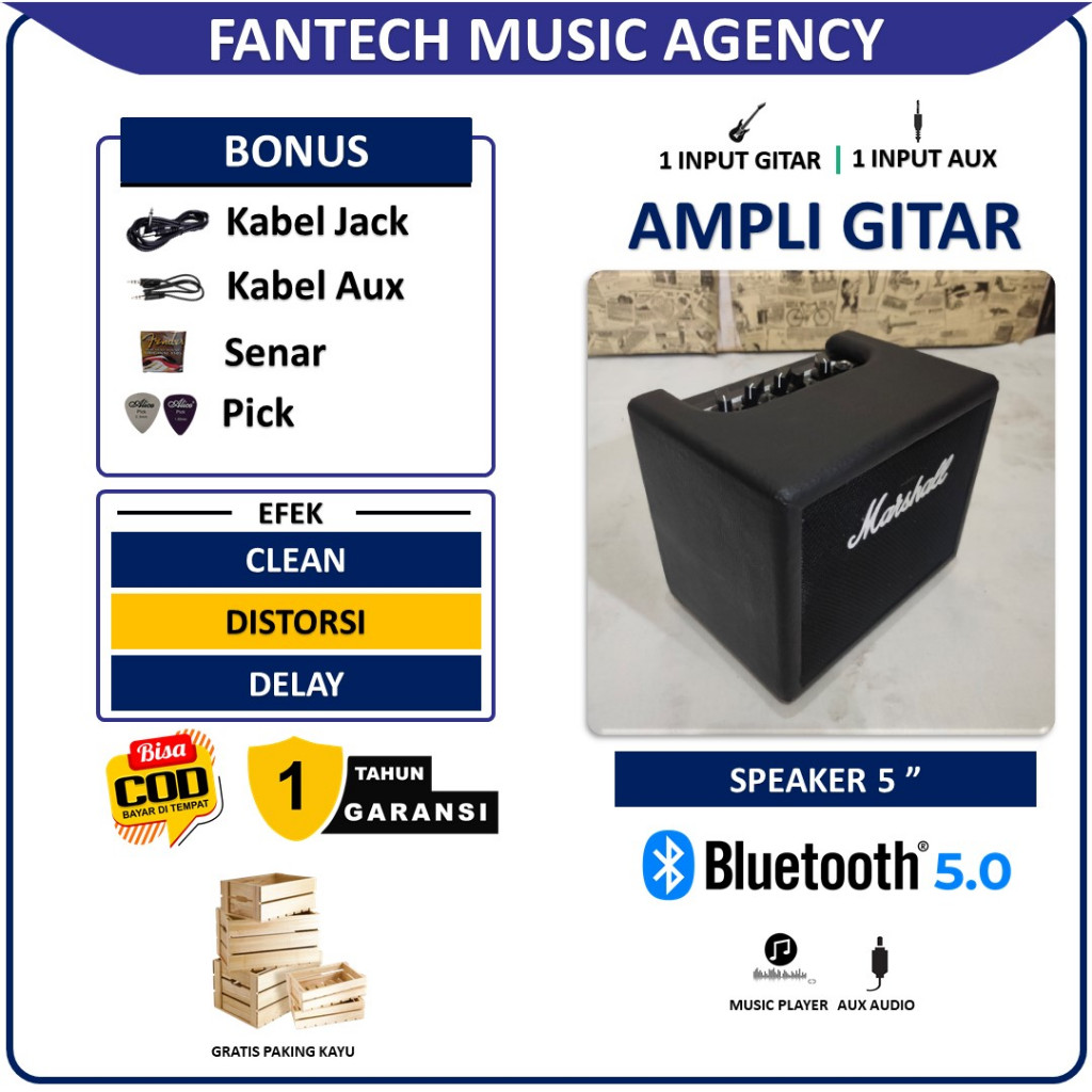 Ampli Gitar & Bass 5 Inch 2 Input ada bluetooth & efek distorsi & efek delay Banyak Bonus Kabel Jack