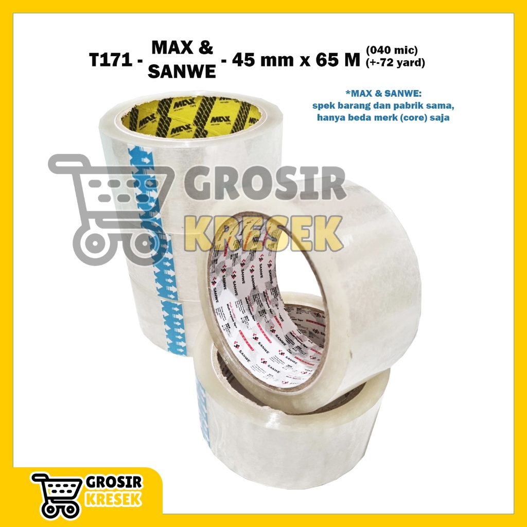 

[6 Pcs] T171 Lakban Bening MAX dan SANWE 45 mm x 72 yard (65 meter) 040 micron - Grosir Isolasi Plester Transparan Core Black