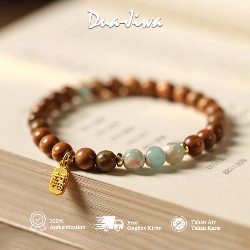 Gelang Wanita Kayu Cendana Hijau Giok Putih Liontih Fu Emas Kebahagiaan Gelang Tangan Pria Simbol Ke