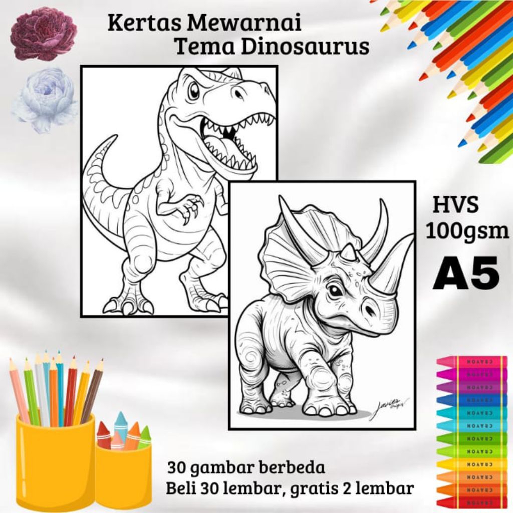

30 LEMBAR KERTAS GAMBAR MEWARNAI TEMA DINOSAURUS (READY LANGSUNG KIRIM)