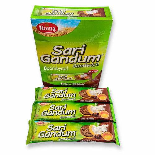 

Roma Biskuit Sari Gandum Sandwich Coklat Box Isi 12 Pcs / Sari Gandum 39 Gram