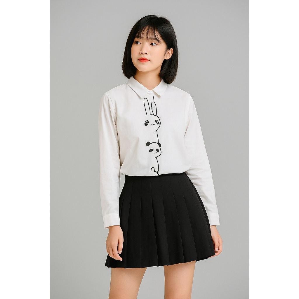 Kemeja Blouse Wanita Lengan Panjang Bordir Bunga Model Korea Bahan Katun - Putih Gading Elegan