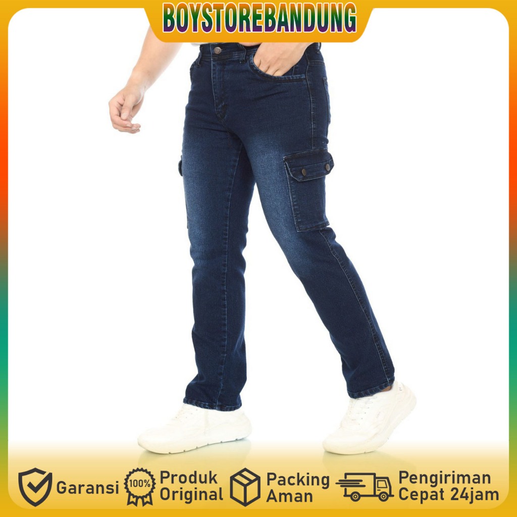 BOY - Cargo Jeans Jumbo Warna Blue Retro / Celana Cargo Jeans Slim Fit Pria Bahan Premium