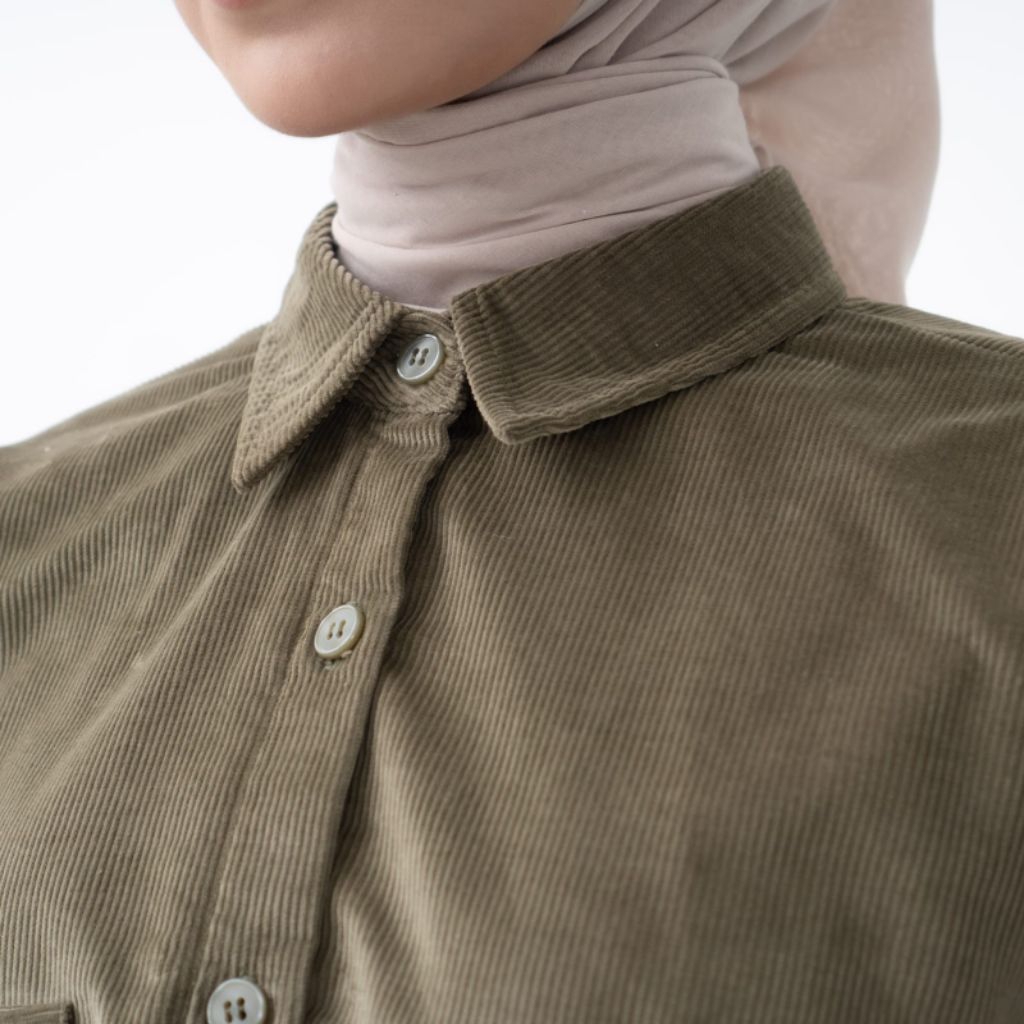 Leona One Set Skirt Corduroy Olive One Set Wanita Kemeja Crop Top Setelan Wanita Kekinian Top Basic 
