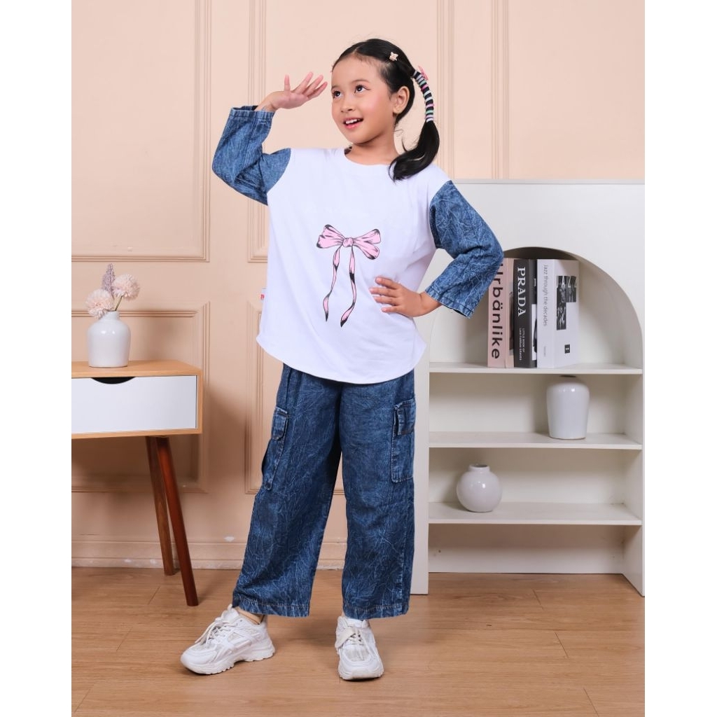 (GRATIS ONGKIR) setelan anak perempuan Levis cargo baju katun combed anak usia 3-14 tahun