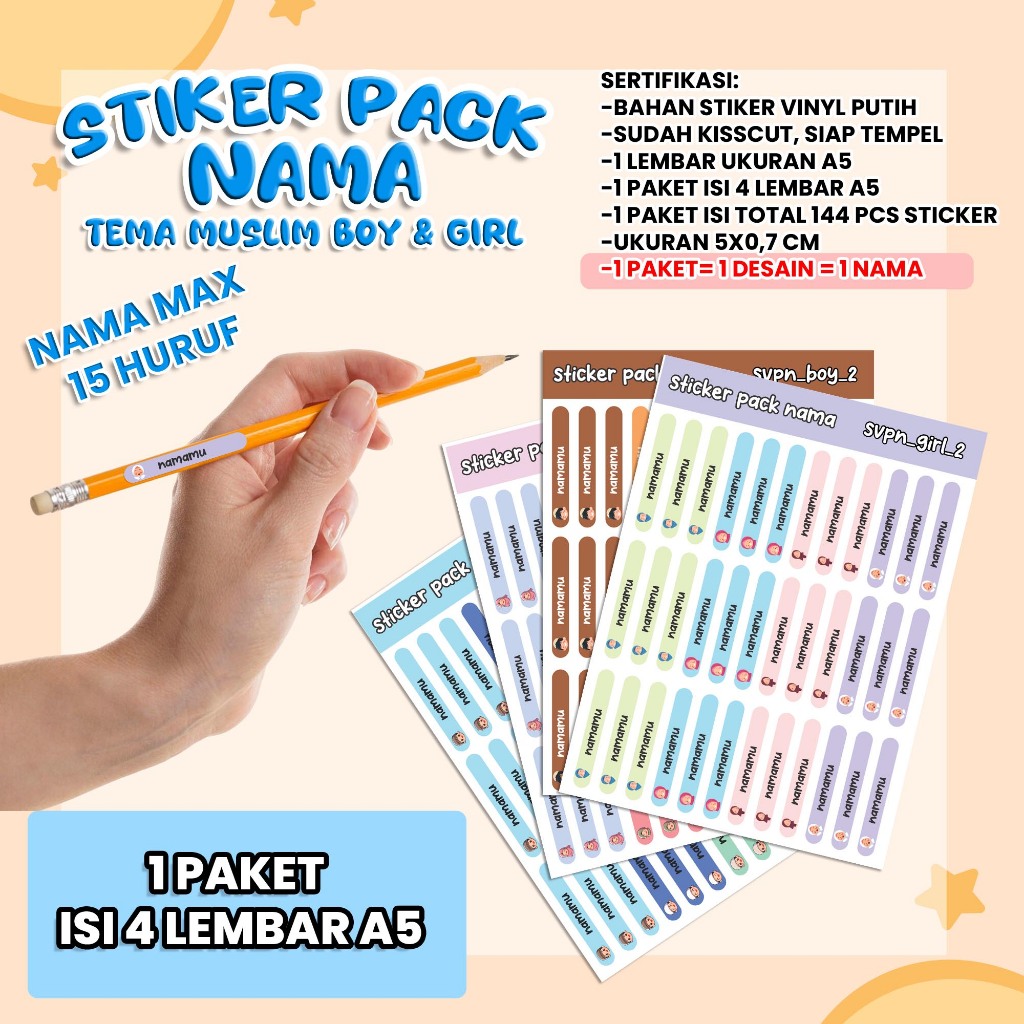 

[1 Paket isi 4 LEMBAR A5] STIKER NAMA TEMA MUSLIM BOY & GIRL / Stiker Pack Nama untuk PENSIL, PULPEN, ATK, ALAT TULIS, DLL / BAHAN VINYL TAHAN AIR / CUSTOM NAMA isi 144pcs 1 paket