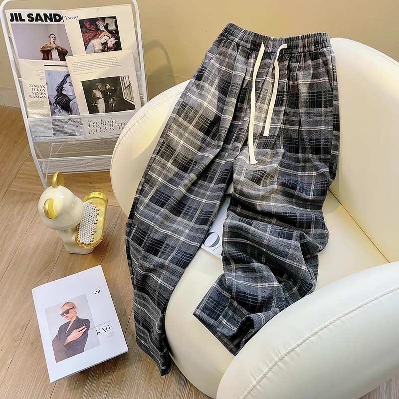 <elegan.girl> Celana Kotak-Kotak Longgar Dengan Pinggang Elastis Untuk Wanita Korean Long Pants Tart