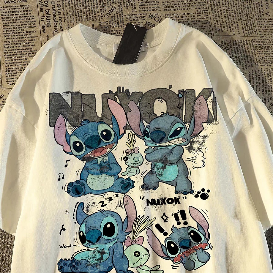 Kaos Cewek Leher Bulat Stitch 100% Katun Pola Panas Besar Longgar Musim Panas Mode