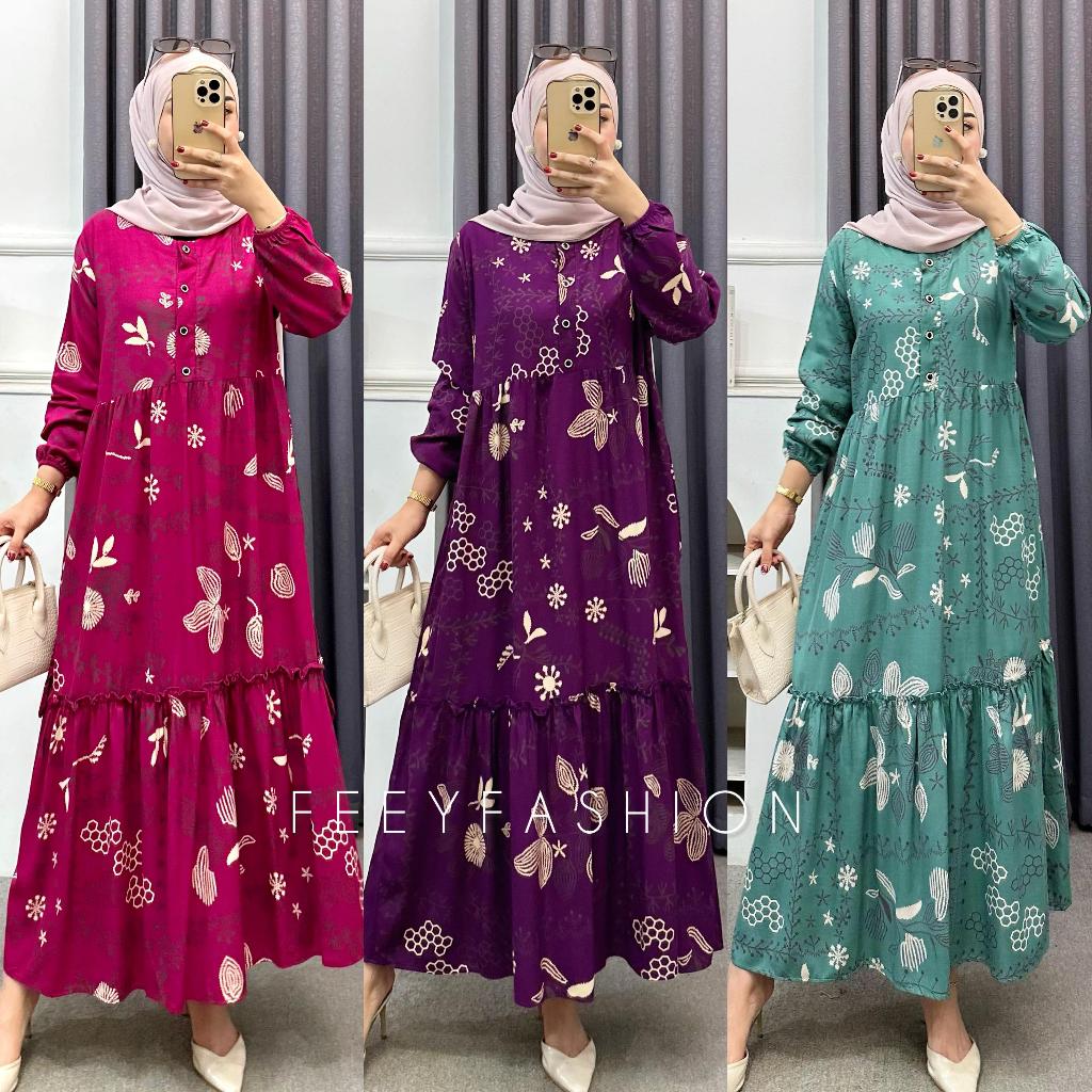 MIDI DRESS ALUNA By Feey Fashion.id Motif Semi Cap Busui Friendly // Gamis Modern