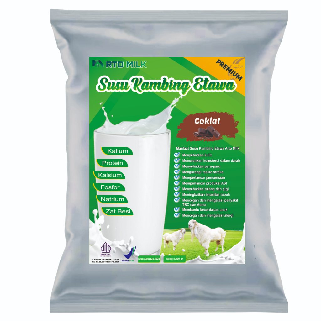 

Arto Milk Susu Bubuk Kambing Etawa Premium Coklat 1 kg Alumunium Foil