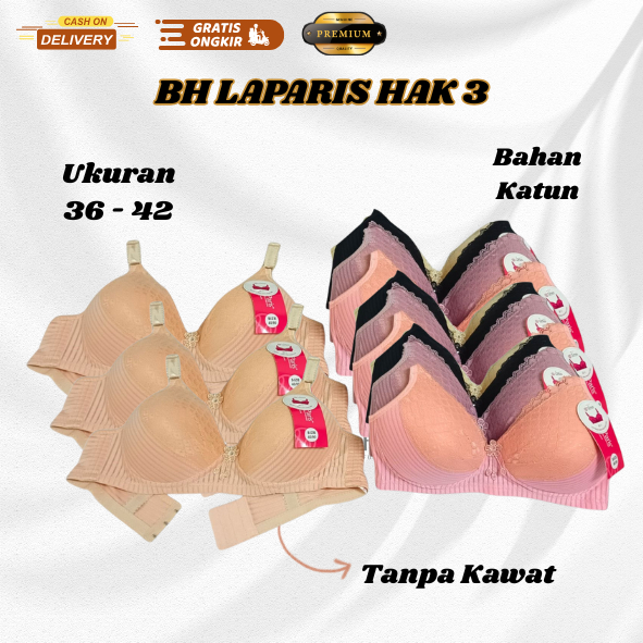LA PARIS Bra BH Fashion Push Up Cup B Tanpa Kawat Kait 3 Motif Brukat Salur BH La Paris A22 Kait 3 S