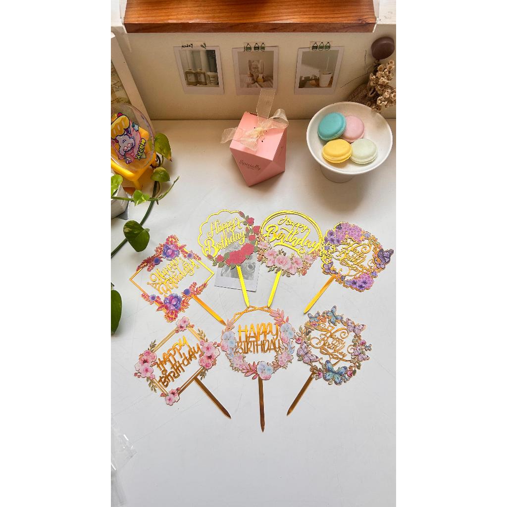 Topper Cake Bunga Akrilik Diameter 15cm - Hiasan Kue Ulang Tahun  8 Varian Motif Bunga