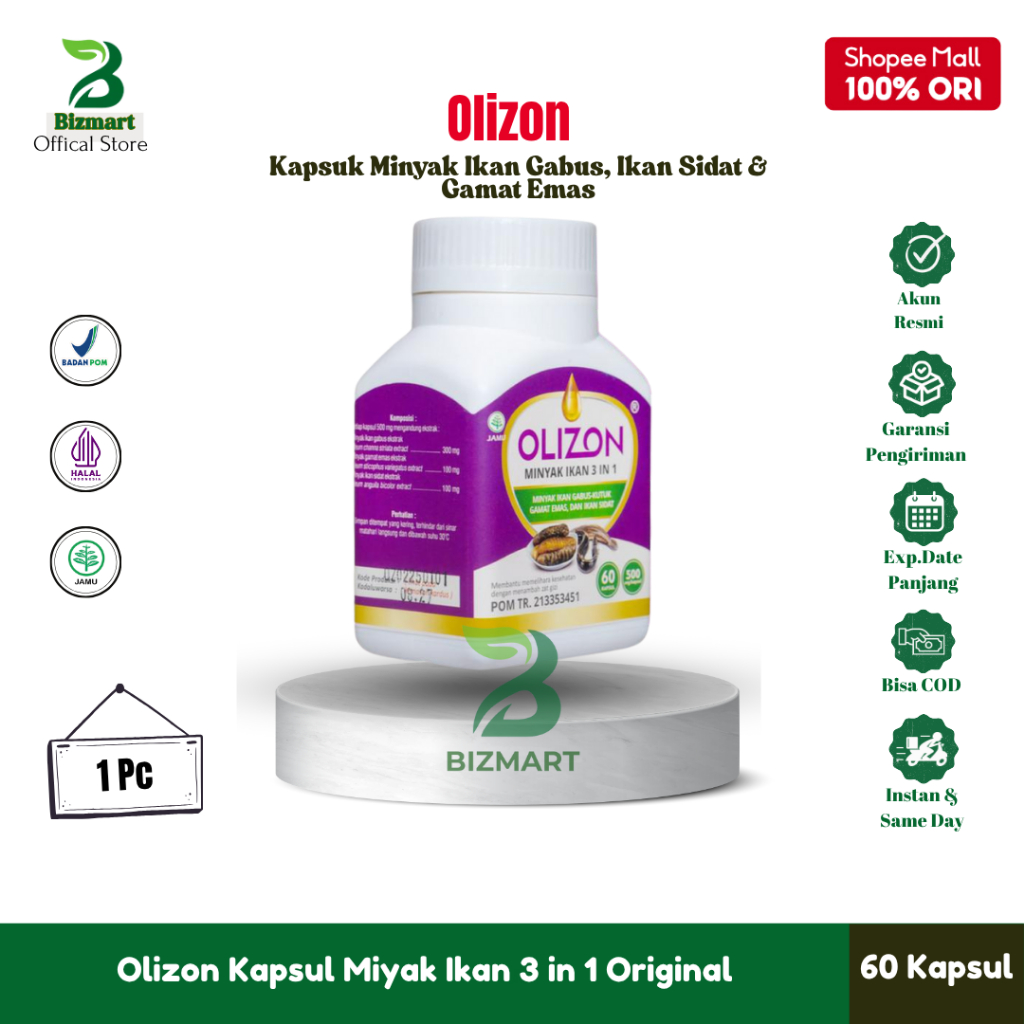 OLIZON Kapsul Minyak Ikan Gabus, Ikan Sidat & Gamat Emas Untuk Kolesterol, Stroke dan Pasca Operasi