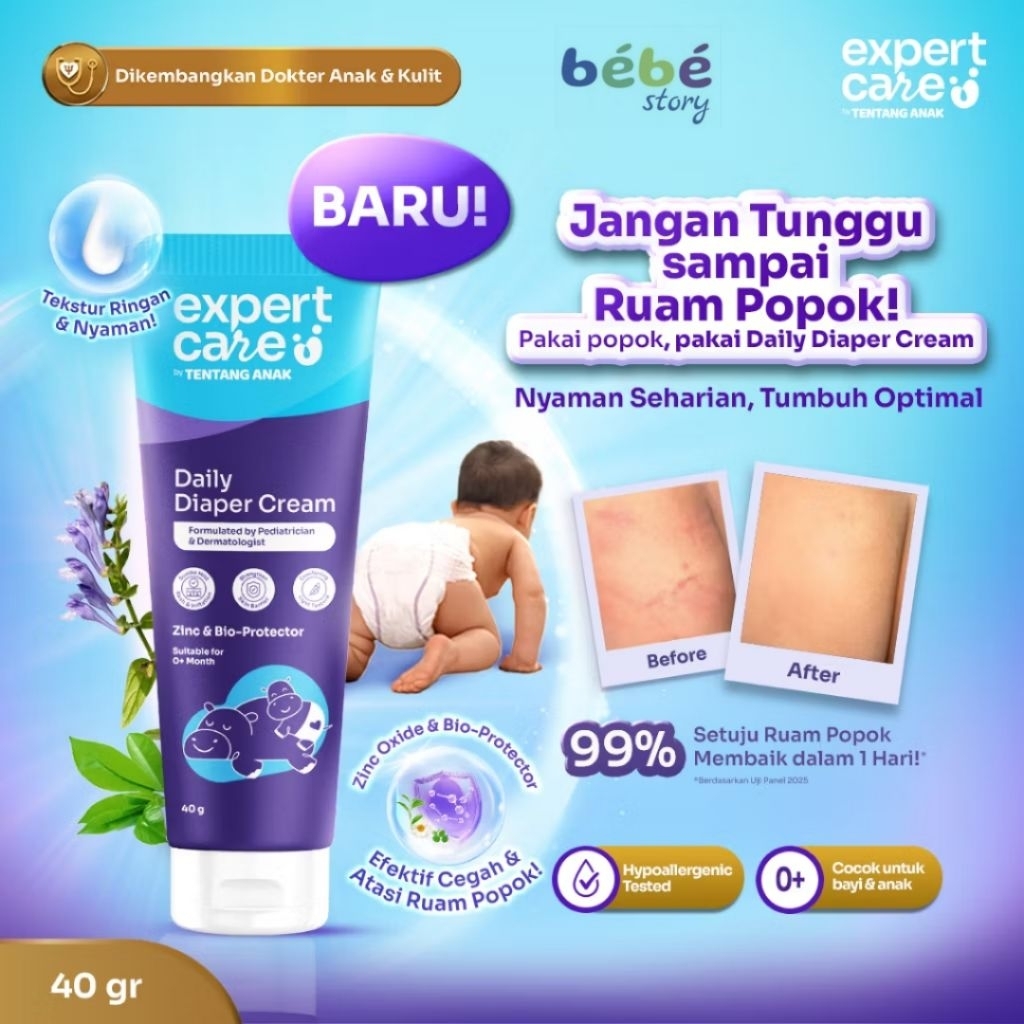 Diaper Rash Cream - Expert Care Daily Diaper Cream 40 g dengan Zinc Oxide, Panthenol & Bio-Protector