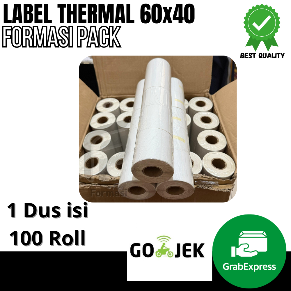

LABEL STICKER THERMAL & CONTINOUS PAPER THERMAL 60 X 40 mm" isi 500pcs (1dus isi 100 Roll)