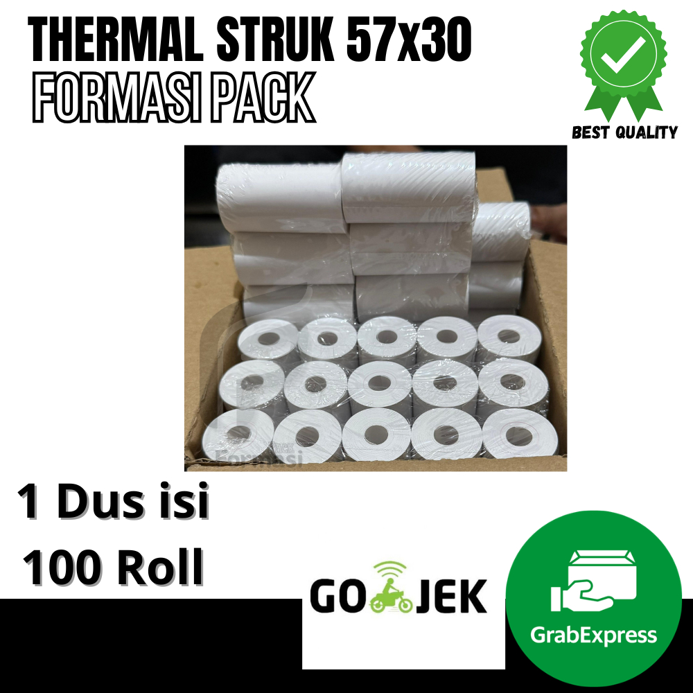 

KERTAS STRUK THERMAL PAPER ROLL 57x30 (1 Dus isi 100 Roll )TERMAL EDC THERMAL PRINTER MINI BLUETOOTH 57MM CORELESS