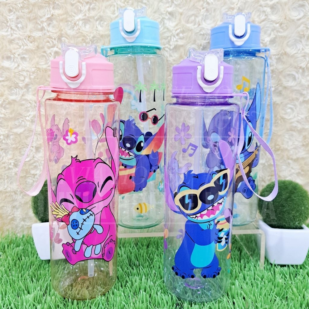 Botol Minum Stitch Sedotan Tali Tenteng Tumbler Stitch Angel Plastik Botol Stitch Transparant