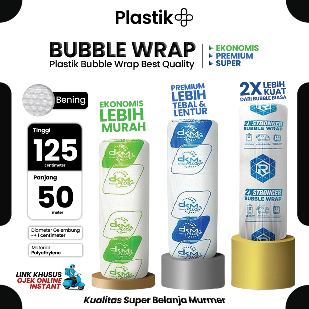 

Plastik Bubble Wrap Roll Bening 125cm x 50m Berat 3Kg Merek DKMPlus dan Rusfet Coreless Harga Grosir