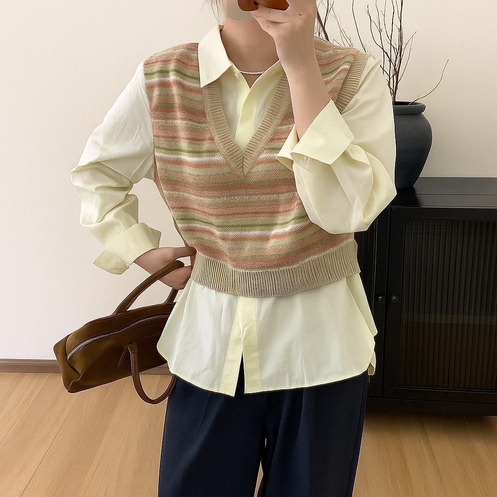 Kemeja kombinasi Vest Rajut motif cantik dan kekinian - Outfit Rajut wanita - Atasan bahan katun mix