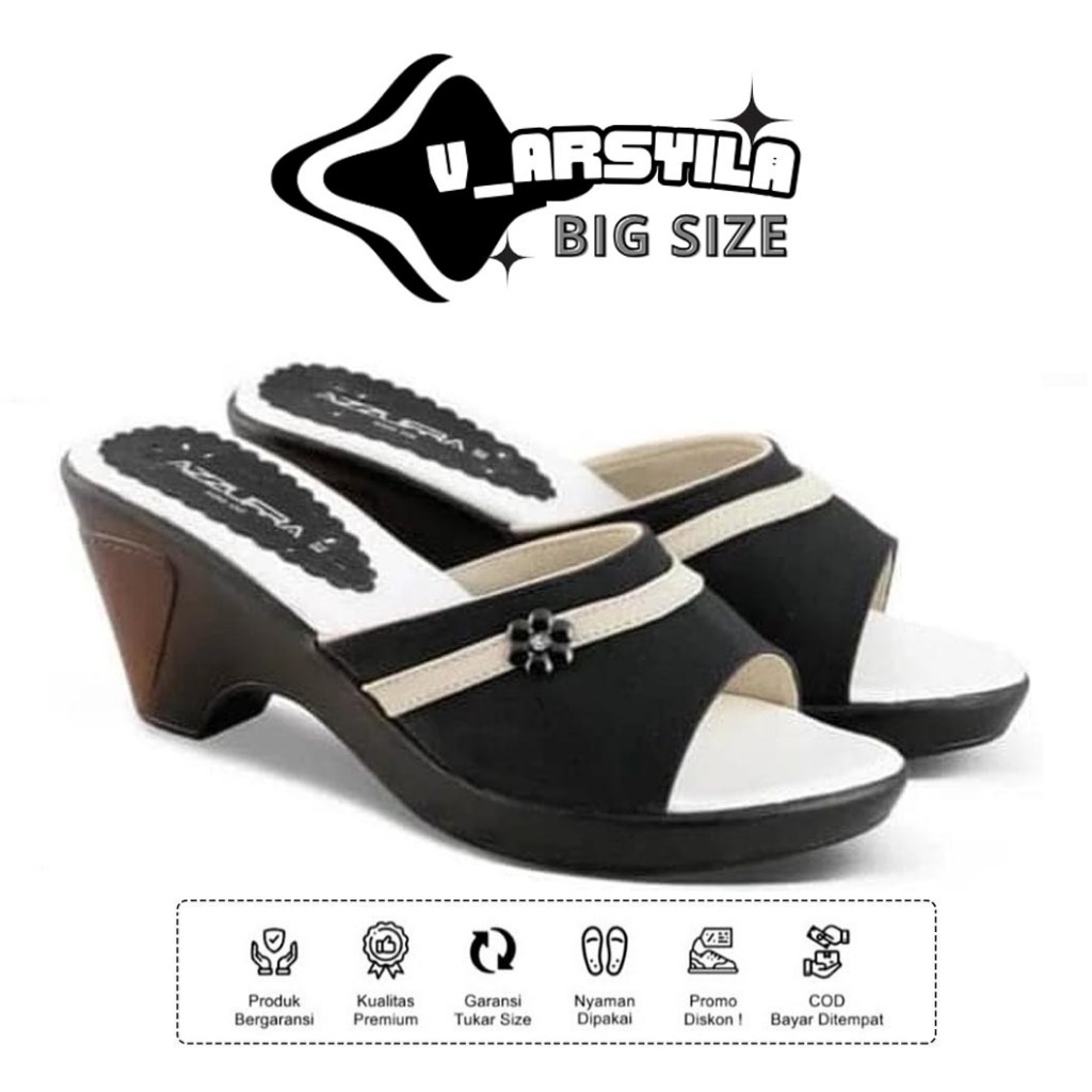Sandal Wanita Wedges Black White ARSYILA 1.2 Sendal Pesta Kondangan Ibu Ibu Selop Hak 3cm ORI