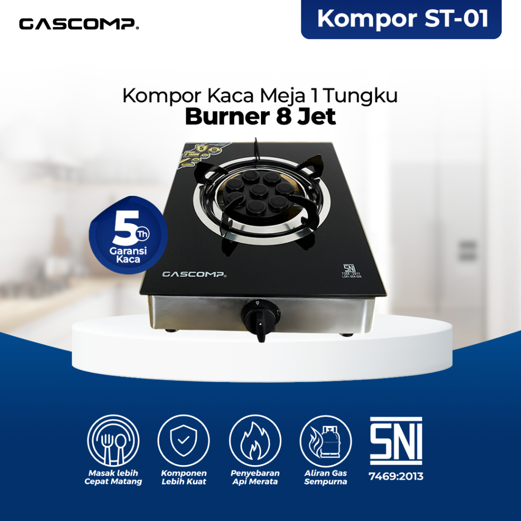 GASCOMP Kompor Gas Meja 8 Jet ST01 | Api Bara Besar Hemat Gas | Kompor 1 Tungku Masak & Panggang Cep