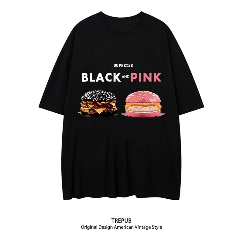 TREPUB.T-shirt Oversize Black Burger and Pink Burger Baju Kaos Korean Style | Pria Wanita /206