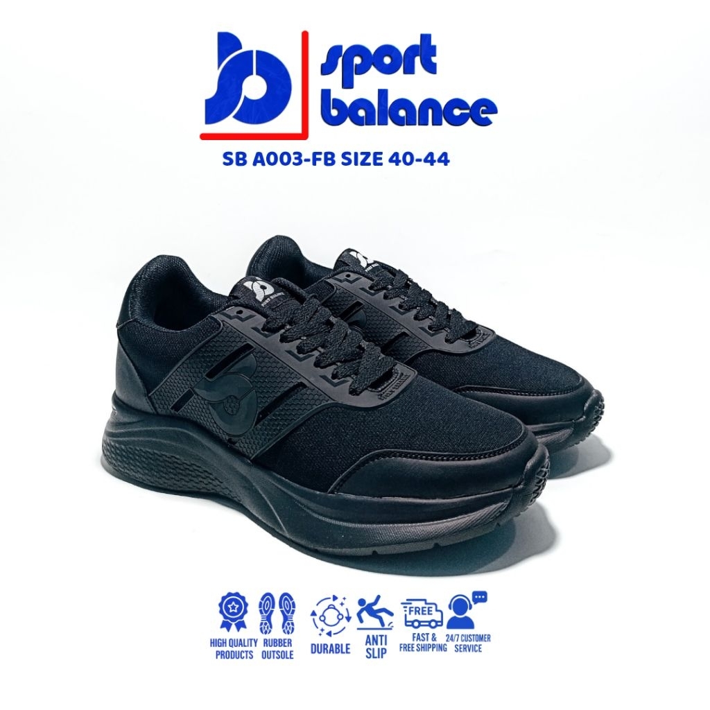 Sneakers Sport Balance A003-FB FULL BLACK || Sepatu Sekolah SMP SMA Cowok Cewek Full Hitam || Sepatu