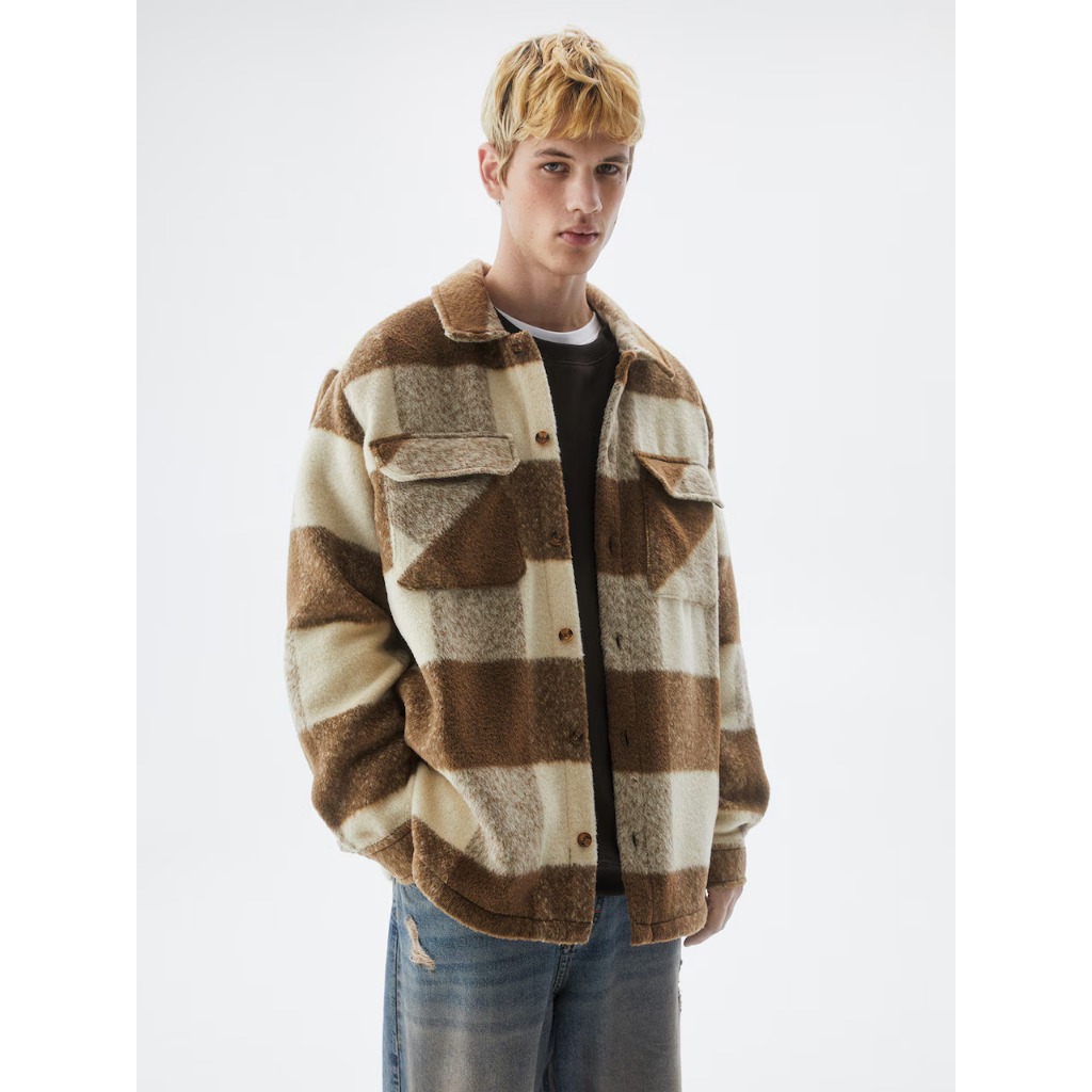 Pull & Bear Men's Brown & Cream Fur Coat Regular fit Between-season wool jacket (second)