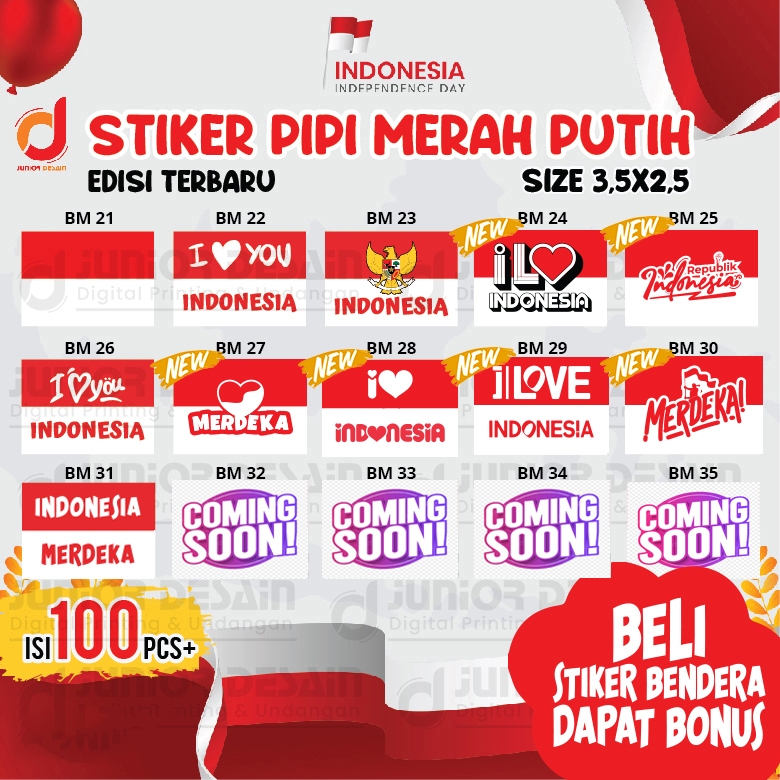 

Stiker Pipi Bendera 100 Pcs / Sticker Merah Putih / Sticker Bendera Tempel Pipi / Anak Dewasa