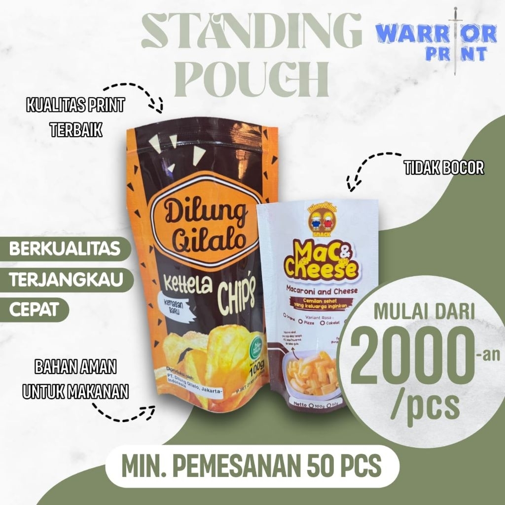 CETAK KEMASAN STANDING POUCH CUSTOM BAHAN PREMIUM COATED. MAKANAN RINGAN/ KOPI/SKINCARE (MINIMAL 50P