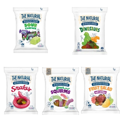 

The Natural Confectionery Co. (Chews Candies Sour 180g, Fruity Gummies Dinosaurs 260g, Fruity Gummies Snakes 260g, Fruity Gummies Sour Squirms 220g, Soft Jellies Fruit Salad 220g)