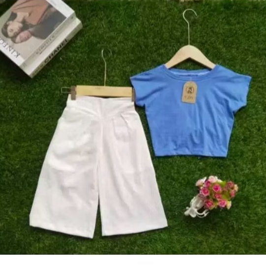 Setelan Baju anak perempuan kaos biru dan celana kulot putih  Baju anak cewe stylish usia 3-8 tahun