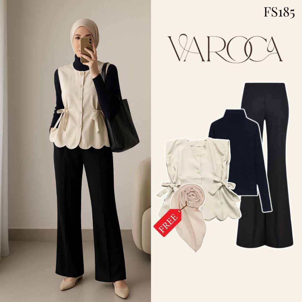Varaco Oneset (Hijab, Vest Pita, Inner, Celana Cutbray) Outfit OOTD Hijab 4in1 Korean Style |FS185