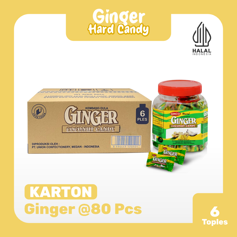 

1 Karton Permen Kelapa Jahe Union Ginco - Ginger Coconut Candy Jar | 1 KARTON isi 6 Toples (1 Toples @ 80 PCS )