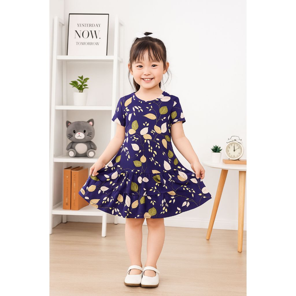 passion flower dress anak perempuan premiun purple blue bahan katun usia 1-6 tahun