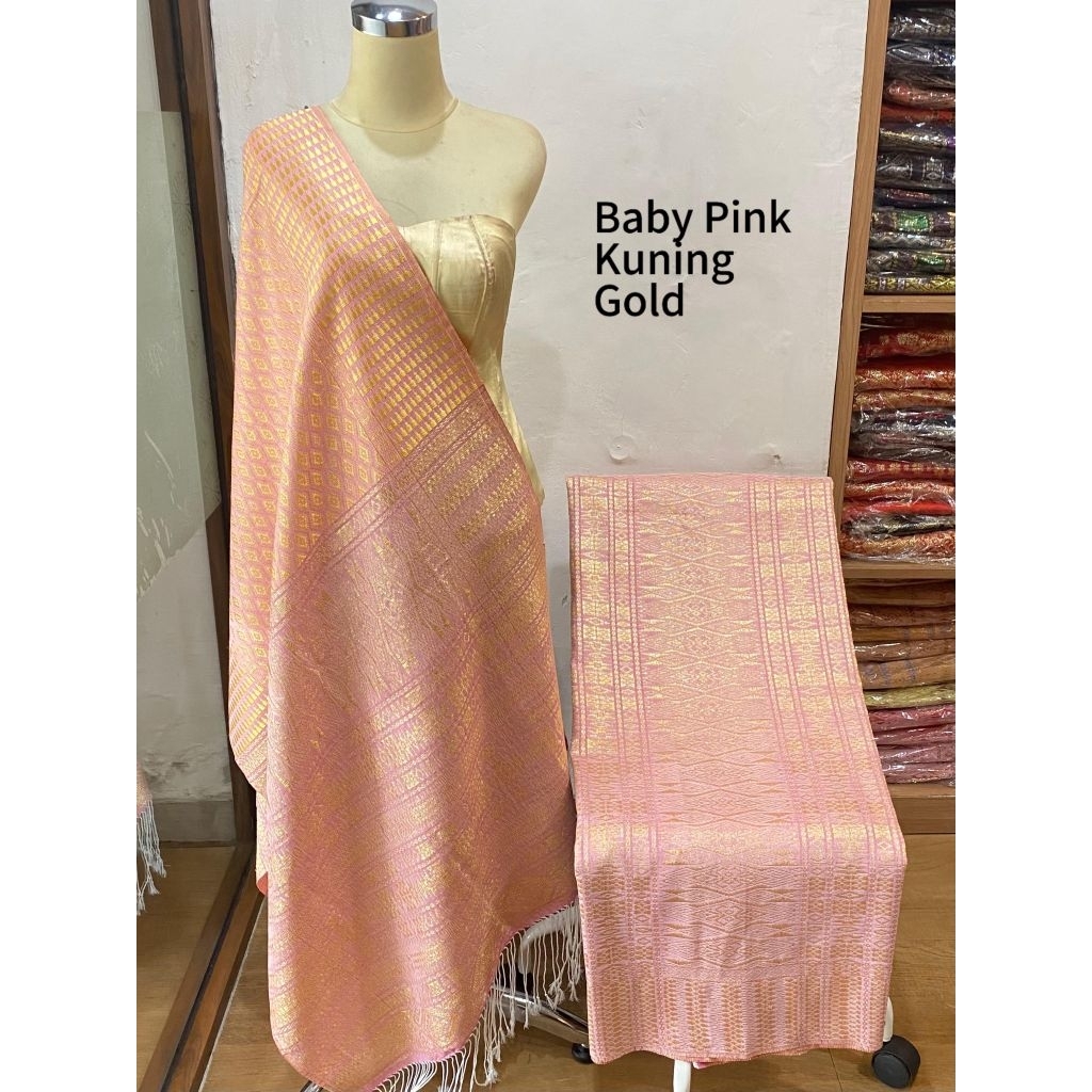 songket pink soft kain tumtuman tenun set selendang