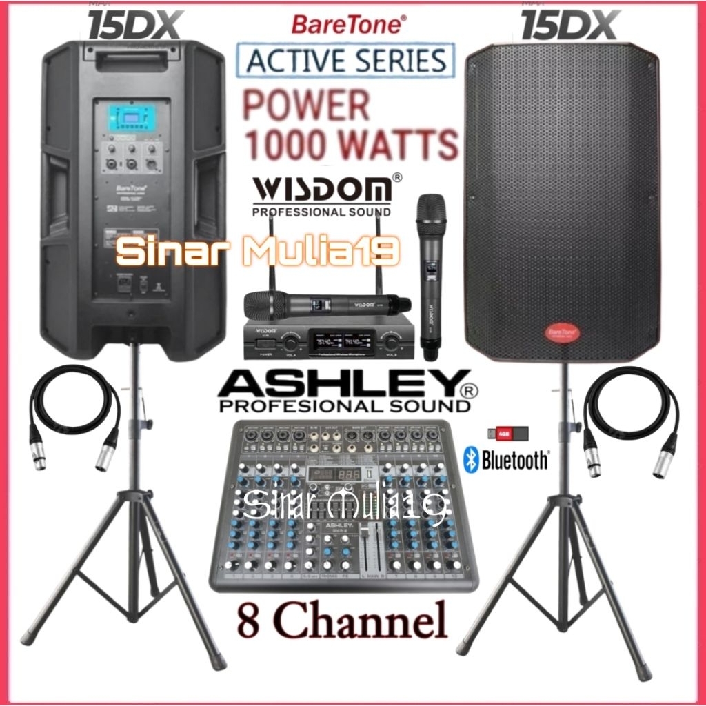 Paket Sound System Speaker 15 Inch BareTone MAX15DX Mixer Ashley 8 Channel Bluetooth Mic Wireless Wi