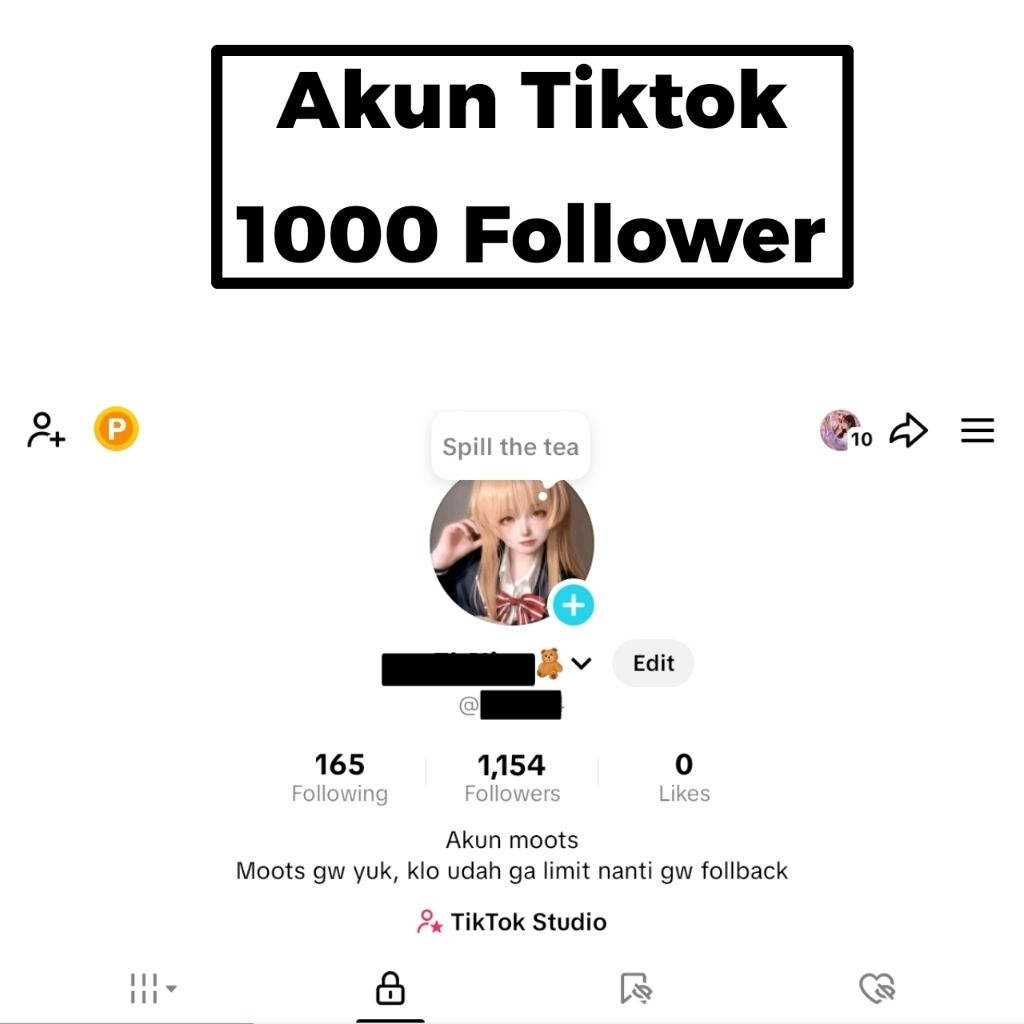 Akun Tiktok 1000 Followers + Bonus Follower (Bisa Live) (limited) (termurah)
