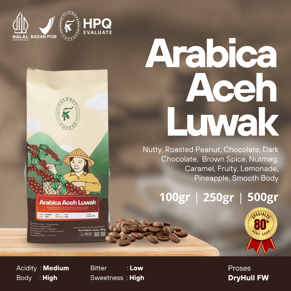 

CELEBES COFFEE - Kopi Arabika / Arabica Aceh Gayo Luwak - 100gr / 250gr / 500gr - Biji / Bean /Bubuk