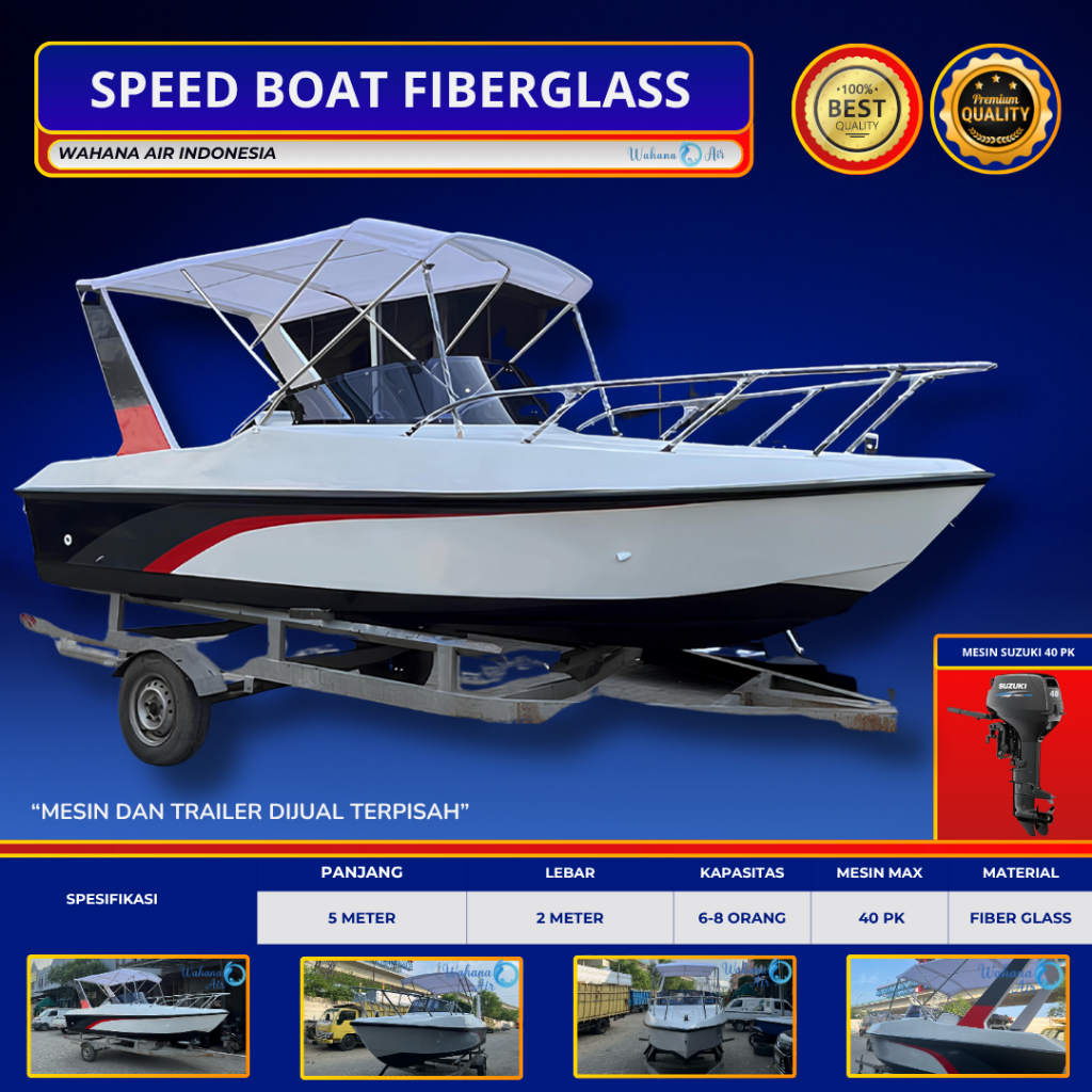 PERAHU SPEED BOAT FIBERGLASS PATROLI MANCING PANJANG 5 METER KAPASITAS 6-8 ORANG CABIN TENDA