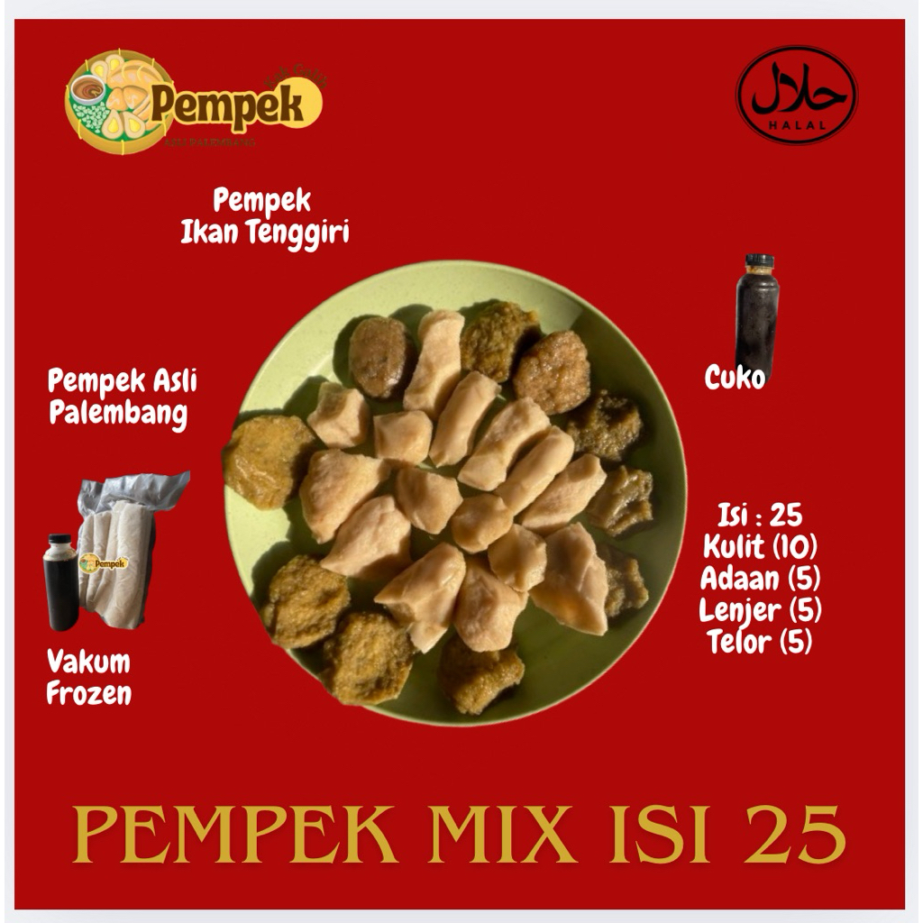 

Pempek kak galih - Campur Kecil 25 Pcs + Cuko , Khas Palembang, 100% Ikan Tenggiri, Vakum Frozen