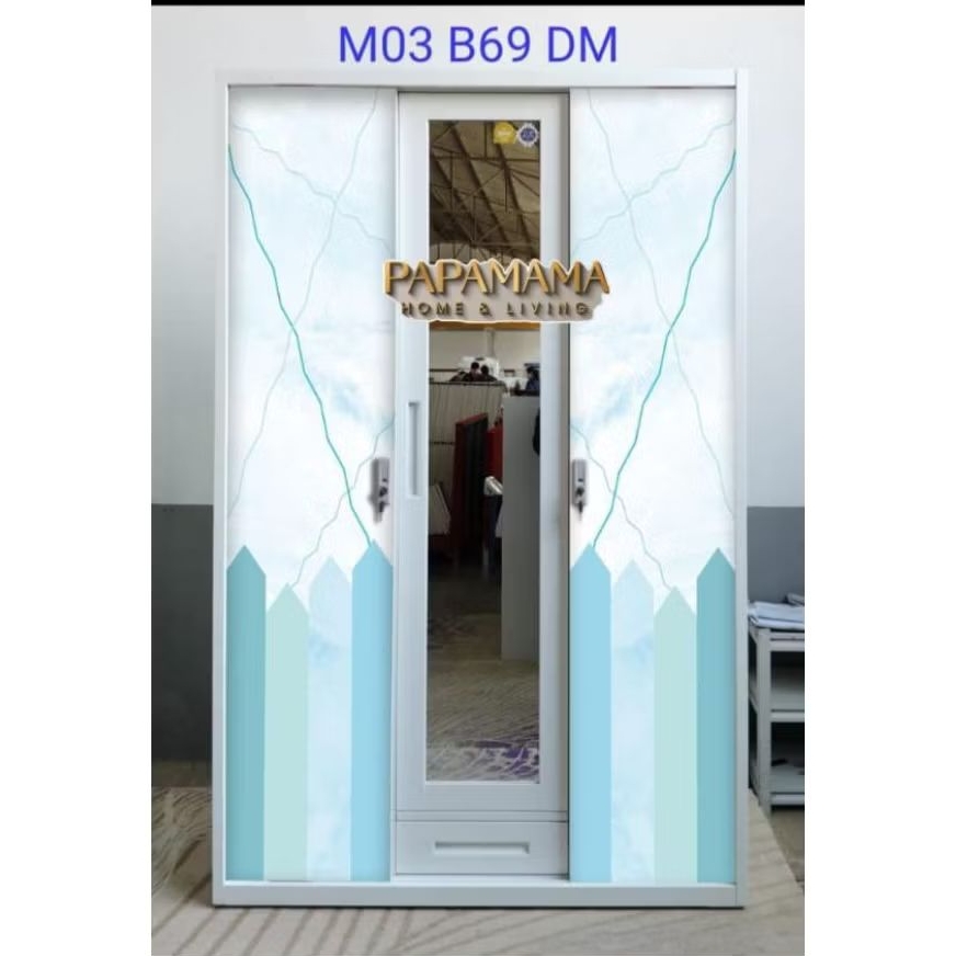 Lemari Pakaian Plat Besi 3 Pintu Sliding - Lemari Baju Gantungan & Rak Pintu Kaca Cermin - Minimalis