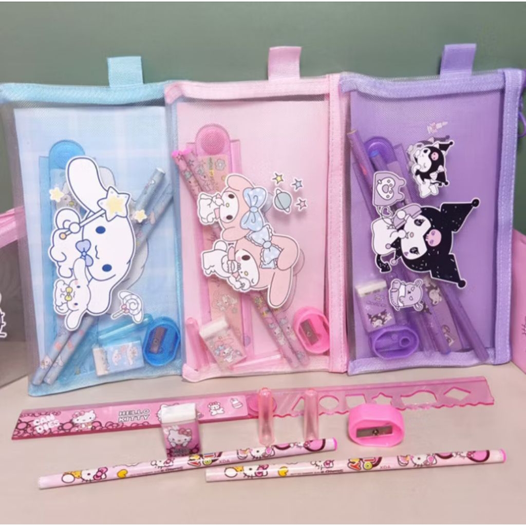 

ar2-Alat Tulis Set 7in1 karakter kuromi Lucu Pouch Net stationery Hadiah Anak Sanrio