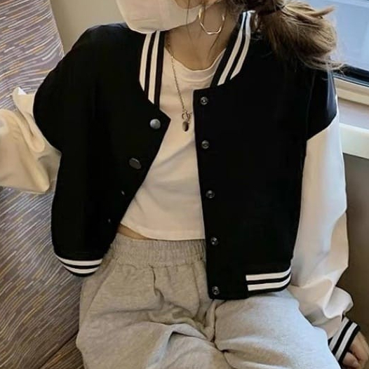 Jacket Crop Baseball Wanita | Korean Style Varsity Cropped | Atasan Wanita | Jacket Crop Wanita